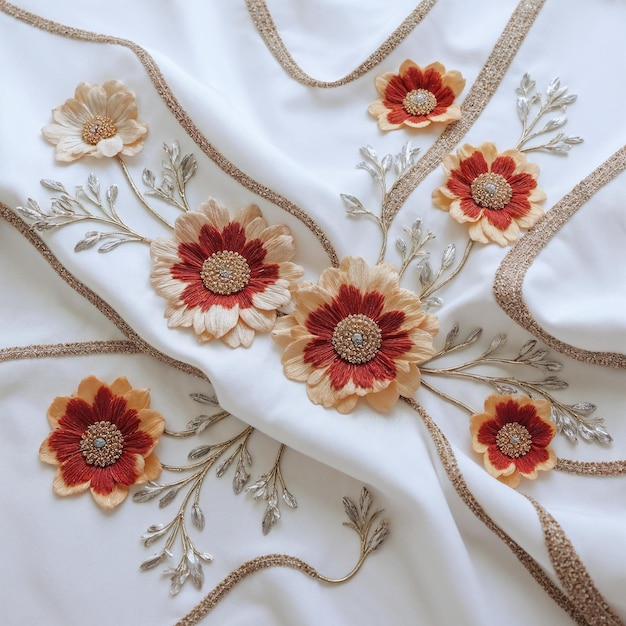 haftowany wzór na lnianej tkaninie